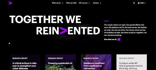 Accenture homepage highlighting reinvention and innovation for global industries.