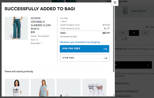 Adidas eCommerce interface with slide-in cart modal, showcasing headless commerce UX