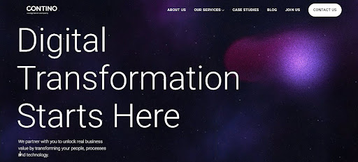 Contino homepage focused on business transformation through tech and consulting.