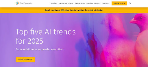 Grid Dynamics homepage with abstract background and AI trends content featured.