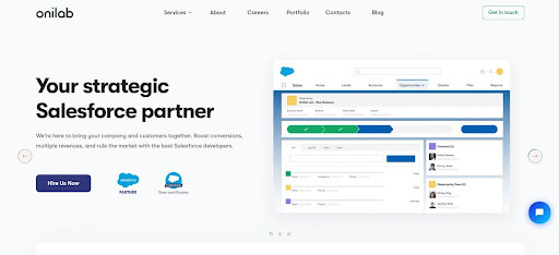 Onilab homepage highlighting Salesforce partnership and customer-focused solutions.