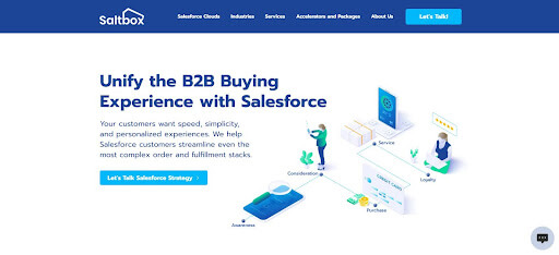Saltbox homepage highlighting Salesforce solutions for B2B buying and fulfillment.