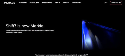 Merkle homepage announcing Shift7 integration and focus on B2B commerce solutions.