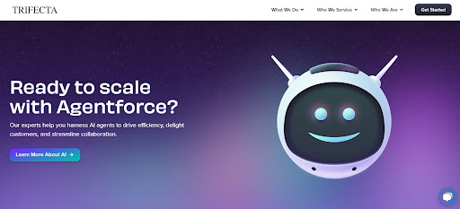 Trifecta homepage promoting AI agent services for scaling business operations.