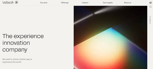 Valtech homepage featuring modern design and abstract colorful background visuals