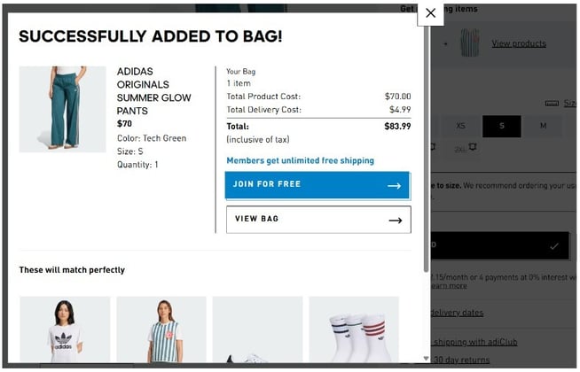 Adidas eCommerce interface with slide-in cart modal, showcasing headless commerce UX