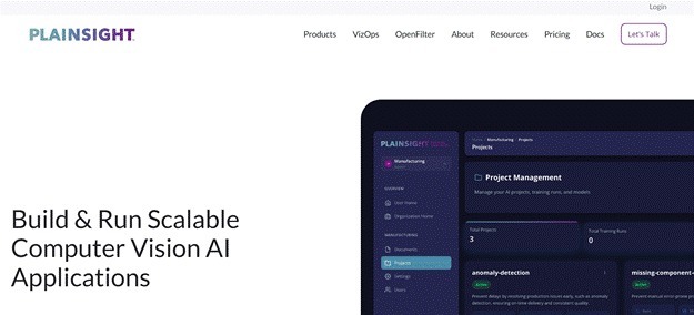 Plainsight platform interface showing tools to build and manage computer vision AI projects.