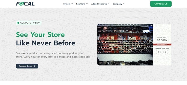 Focal Systems shelf monitoring interface showing product visibility and stock alerts.