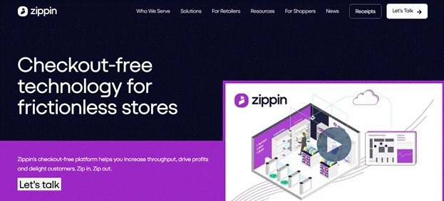 Zippin illustration showing a checkout-free retail setup with smart cameras and cloud data.