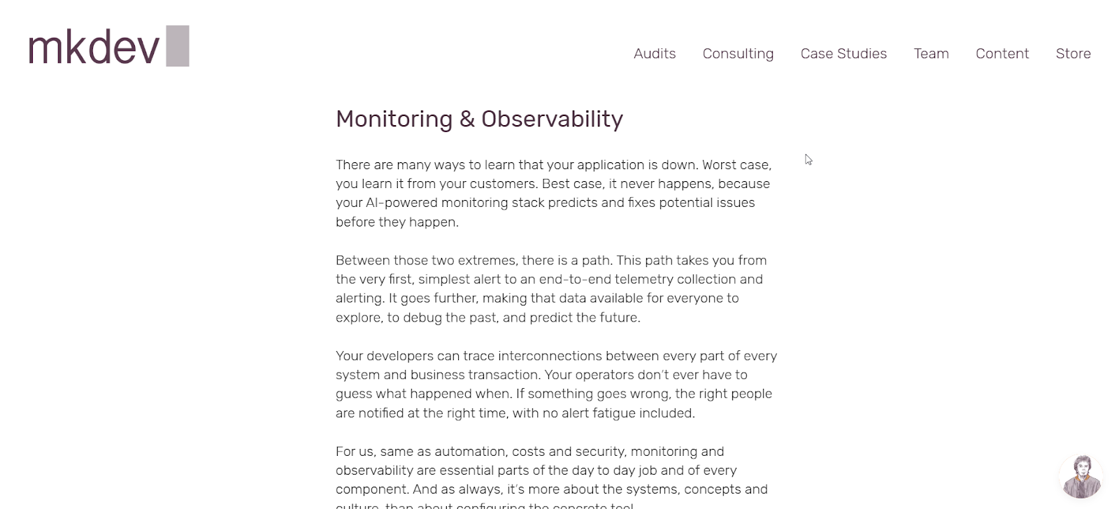 Mkdev page introducing monitoring and observability consulting services.