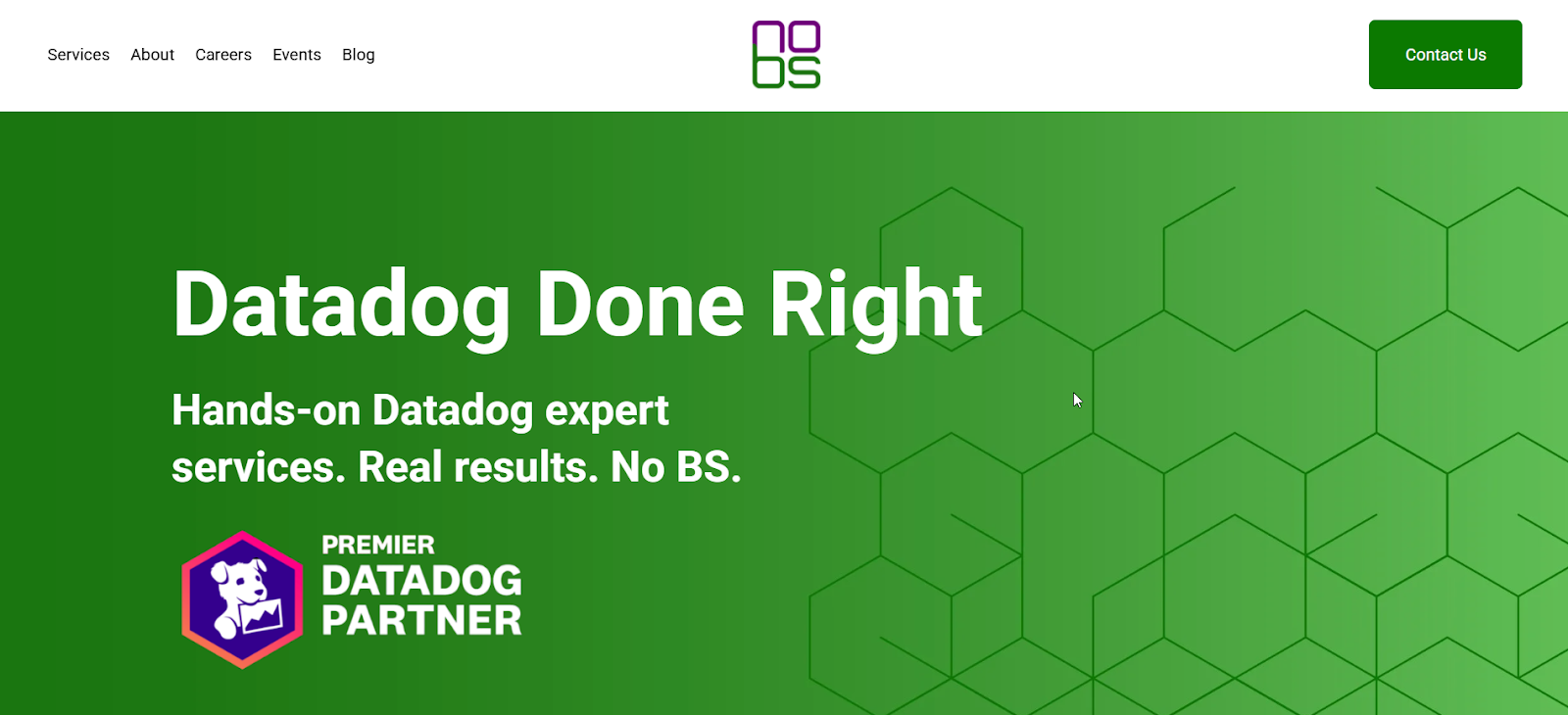 NoBS.tech shows Datadog-focused consulting and Premier Partner badge.