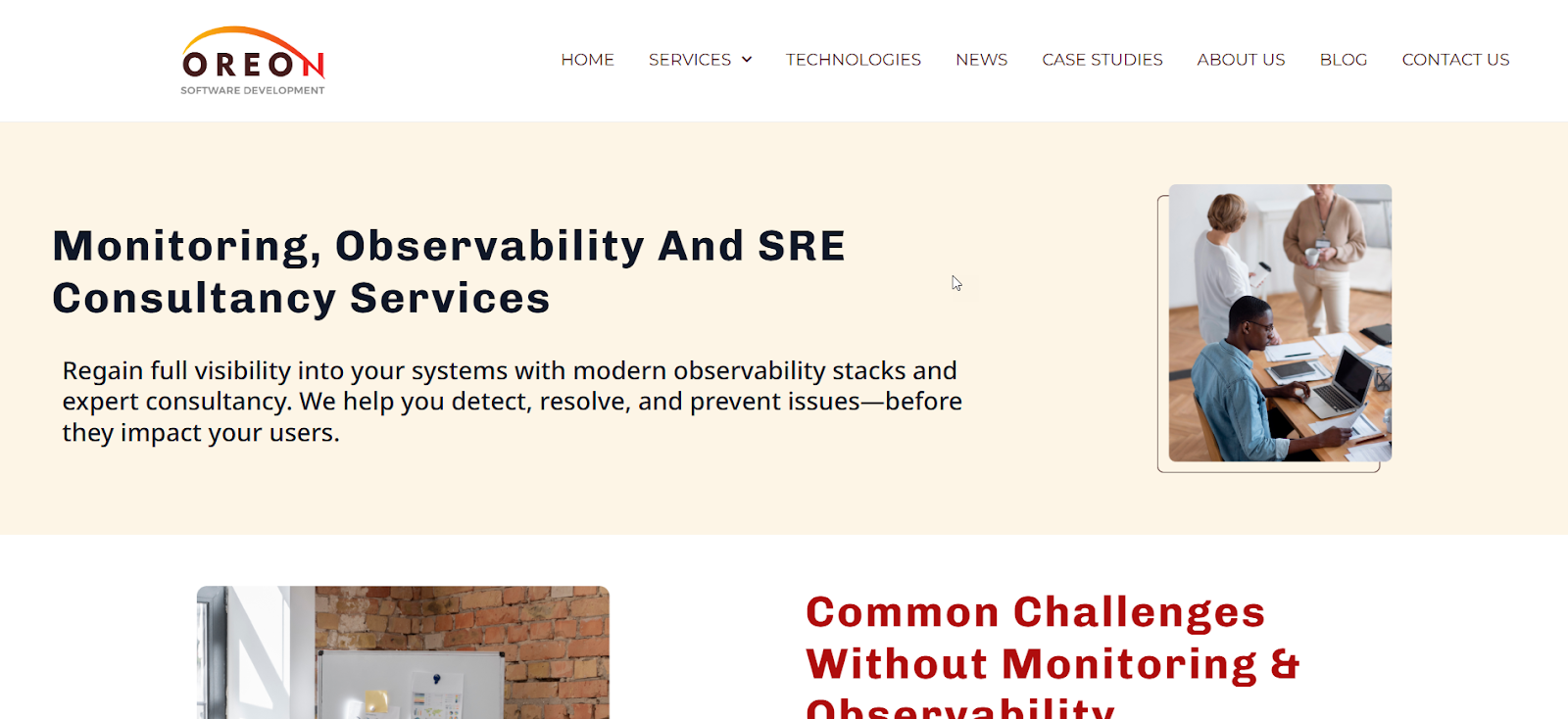 Oreon Development page showing monitoring, observability, and SRE consultancy services.