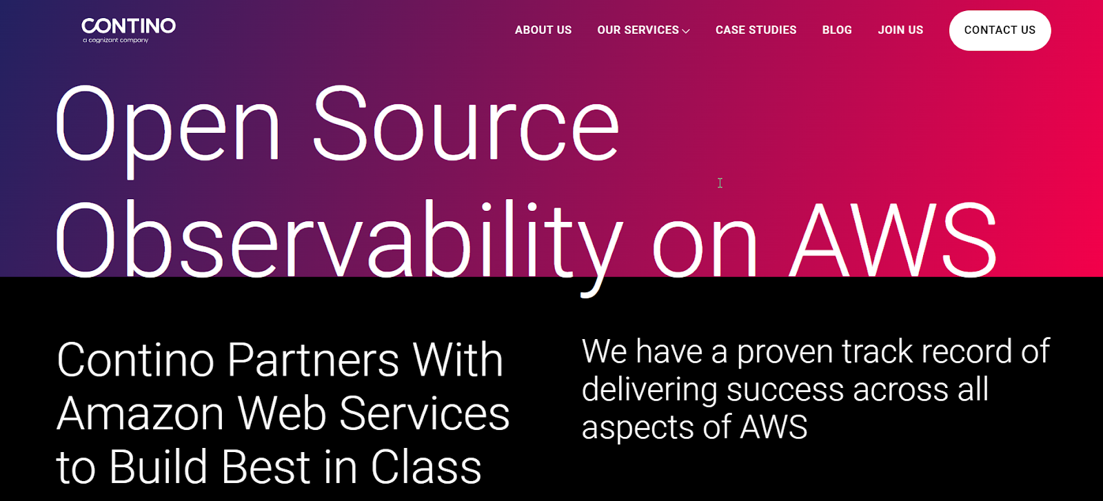 Contino page showing open source observability on AWS with Amazon partnership.