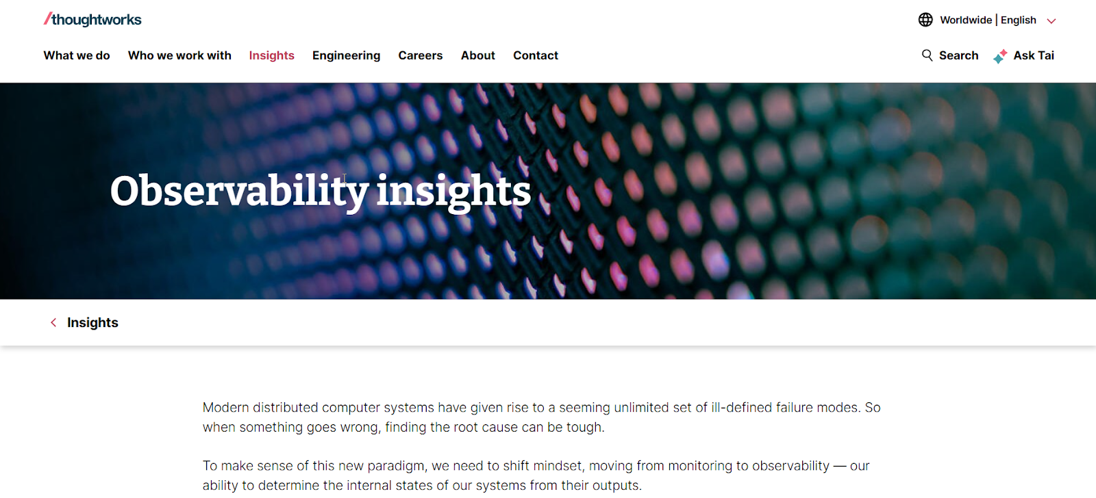 ThoughtWorks page titled observability insights with article preview.