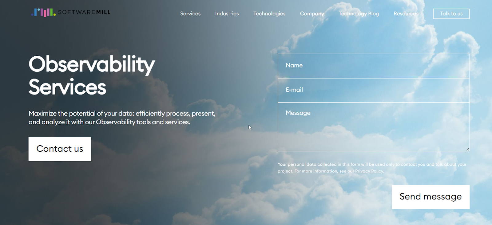 SoftwareMill page showing observability services and contact form.