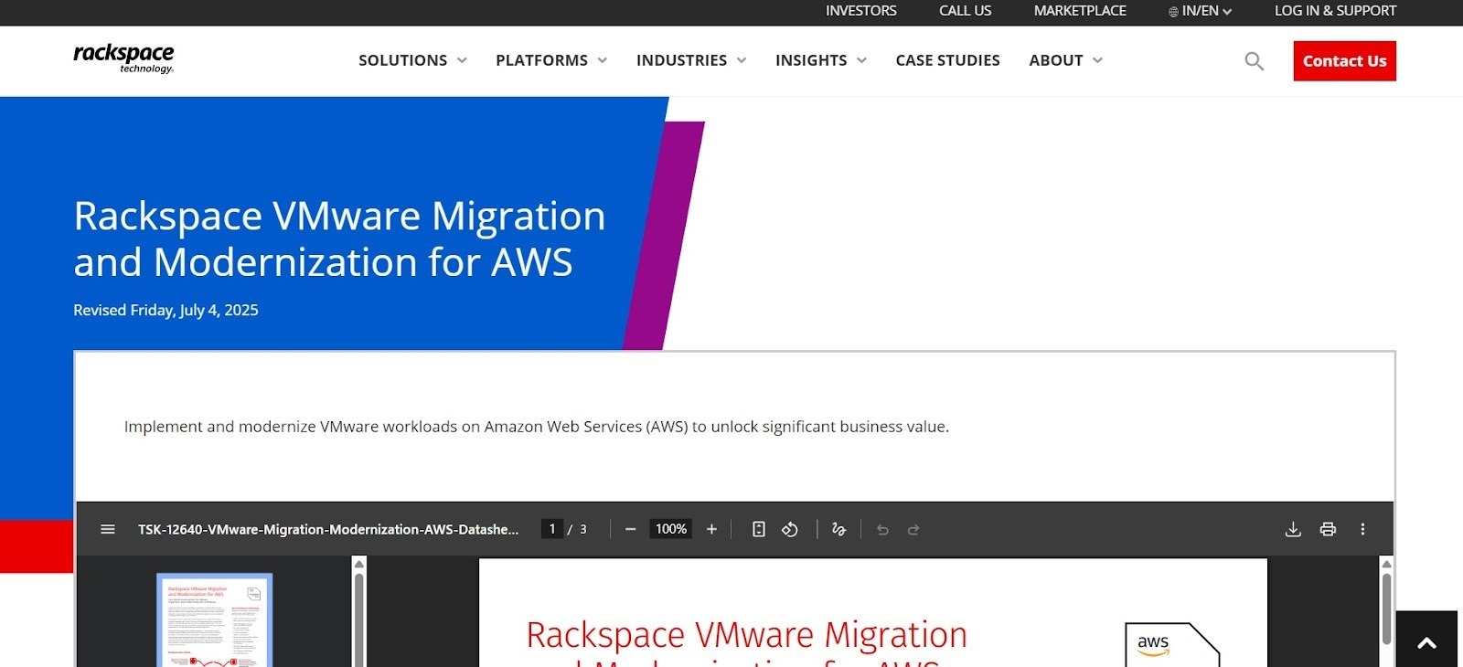 Rackspace Technology managing VMware to AWS migration and operations.