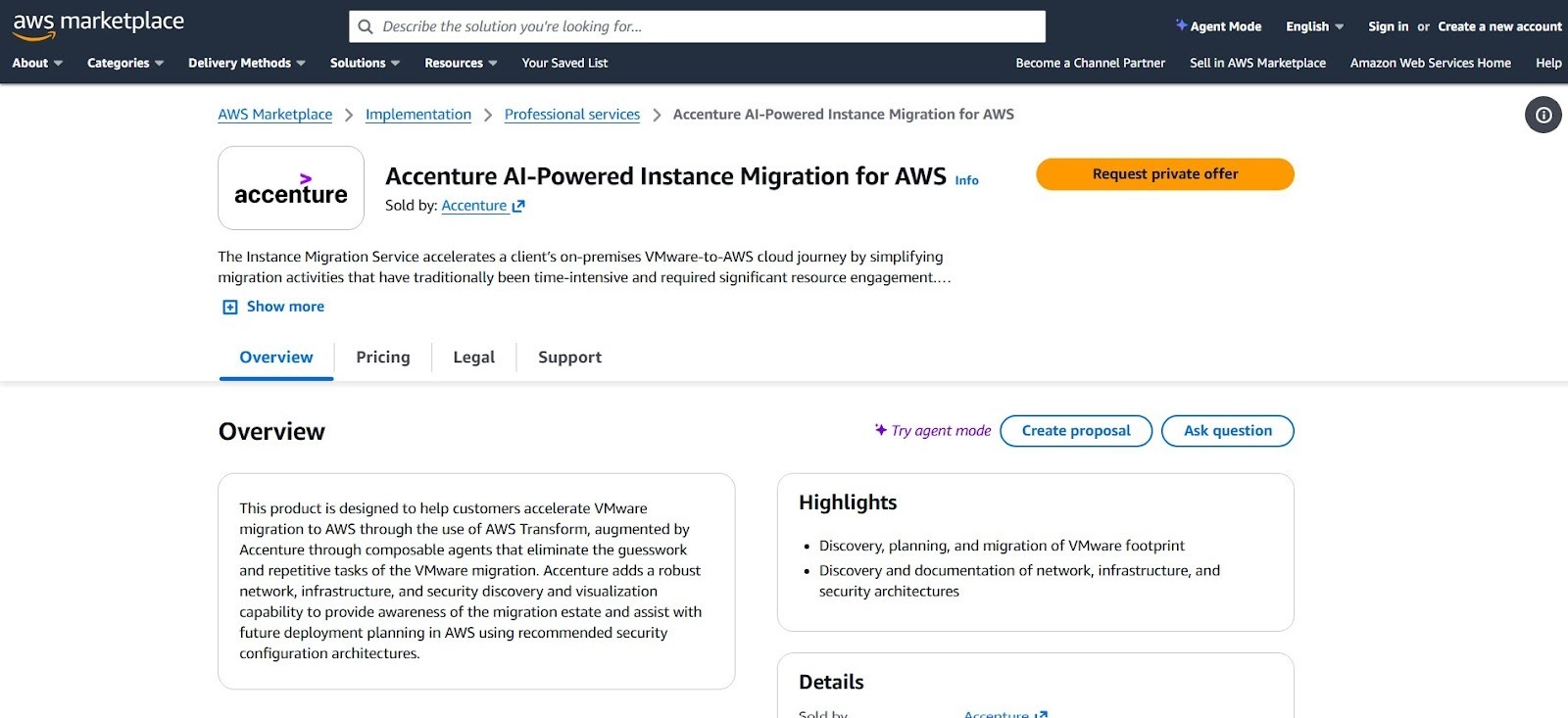 Accenture offering enterprise VMware to AWS migration via AWS Marketplace.
